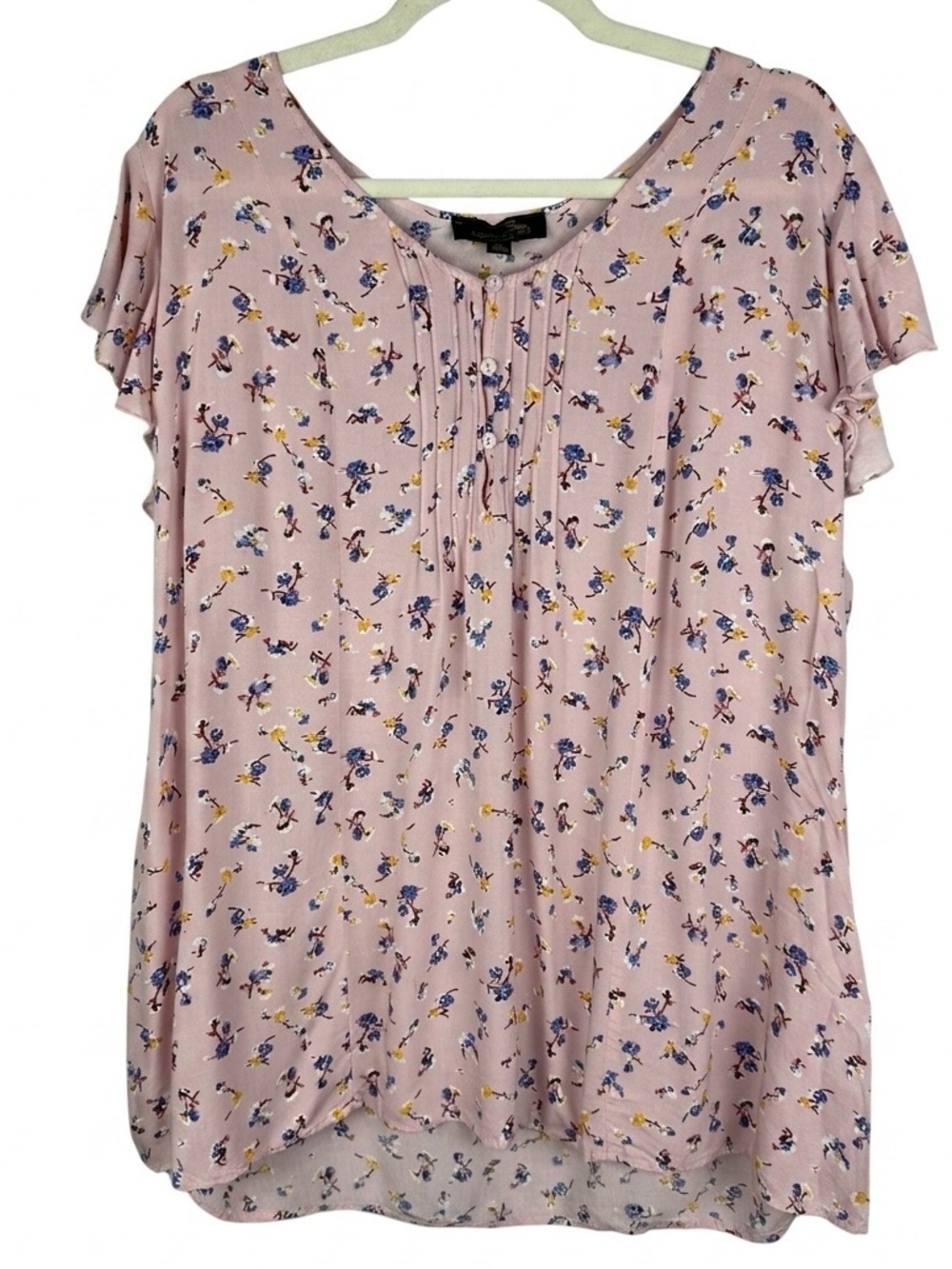 Suzanne Betro Casual Pink Ditsy Floral Flutter Sleeve Henley Pintuck Top 2X